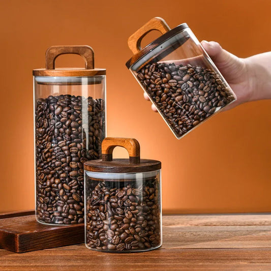 Airtight Glass Storage Jar with Wooden Lid – Kitchen Canister for Coffee, Tea & Spices